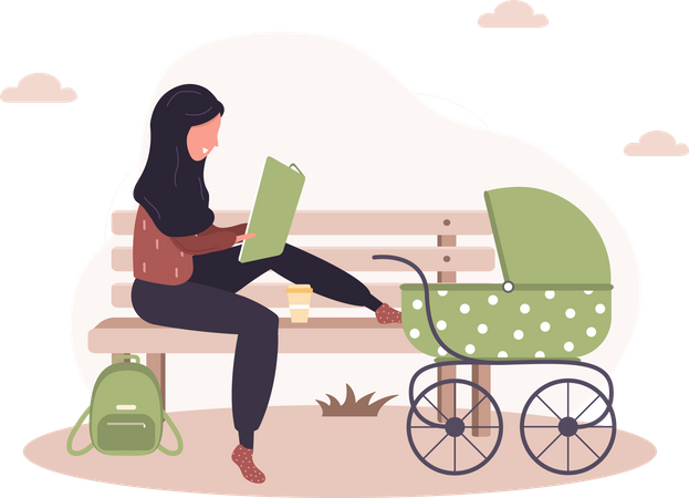 Mujer con libro de lectura de cochecito de bebé  Ilustración