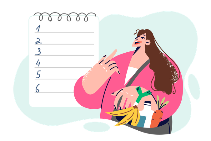 Una mujer con comestibles en una bolsa mira una lista numerada en blanco que simboliza el plan de compras de alimentos dietéticos  Ilustración