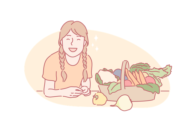 Mujer con comida eco vegana  Ilustración