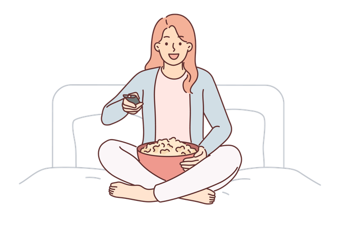 Una mujer con control remoto de TV enciende una serie sentada en la cama en el dormitorio y sostiene una taza de palomitas de maíz  Ilustración