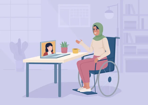 Mujer con discapacidad trabajando desde casa  Ilustración