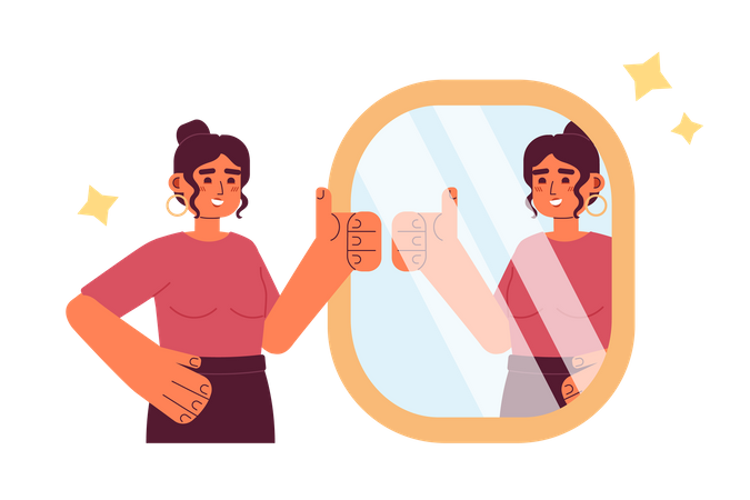 Mujer con el pulgar hacia arriba reflejo en el espejo  Ilustración