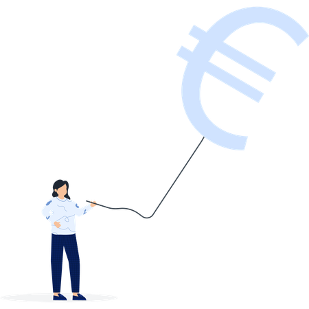Mujer con el símbolo del euro en una cuerda financiera  Ilustración