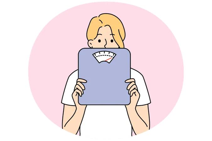 Mujer con báscula corporal en las manos  Ilustración