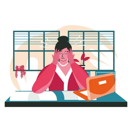 Una mujer con exceso de trabajo y dolor de cabeza se sienta en el escritorio  Ilustración