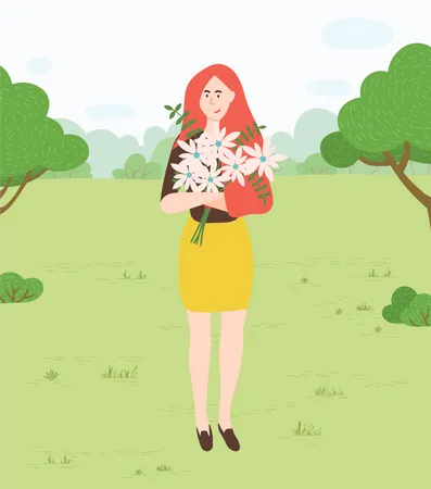 Mujer Con Flores En El Parque Vector De Naturaleza Y Medio Ambiente Chica Con Ramo De Manzanilla Pradera Forestal Arboles Y Arbustos Personaje Femenino Caminando Ilustración