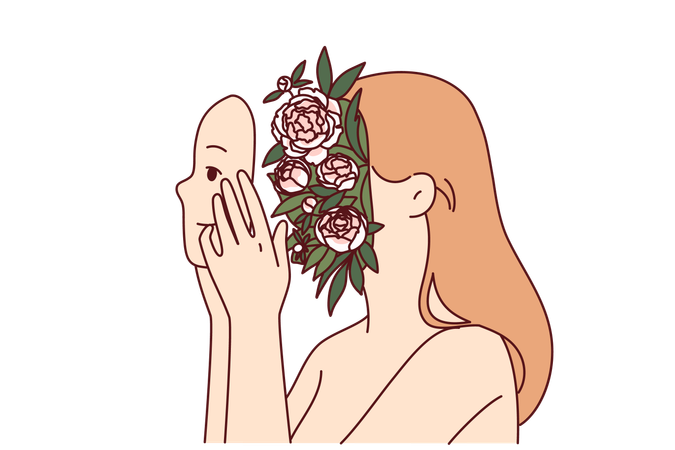 Mujer con flores en la cabeza que simbolizan la pureza y la piedad o la armonía espiritual tiene su propio rostro en las manos  Ilustración