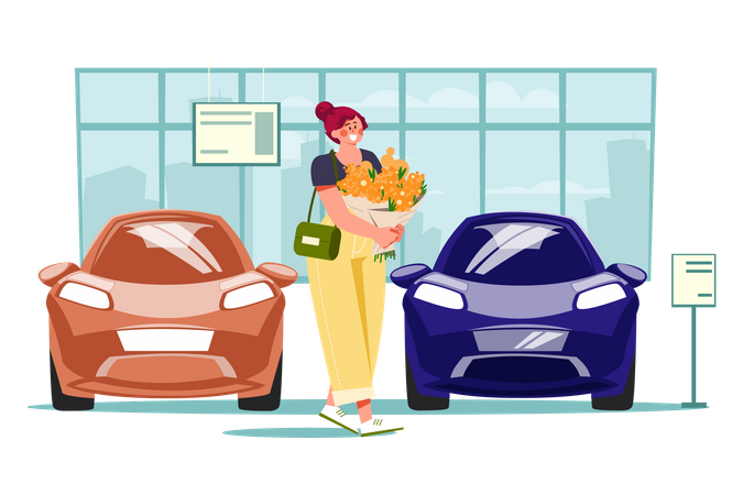 Mujer con flores en la sala de exposición de automóviles  Ilustración