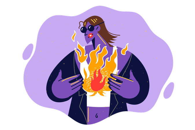 Mujer con fuego en el alma que simboliza el sufrimiento y la desesperación.  Ilustración