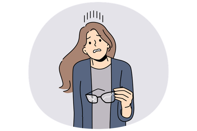 Mujer con gafas rotas en las manos hace cara de confusión al no saber cómo resolver el problema de visión  Ilustración