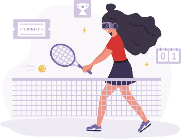 Mujer con gafas VR jugando tenis con raqueta  Ilustración