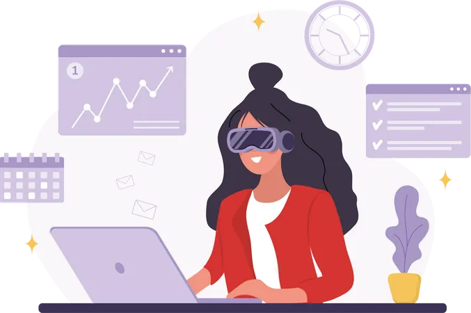Mujer con gafas VR sentada en la oficina  Ilustración