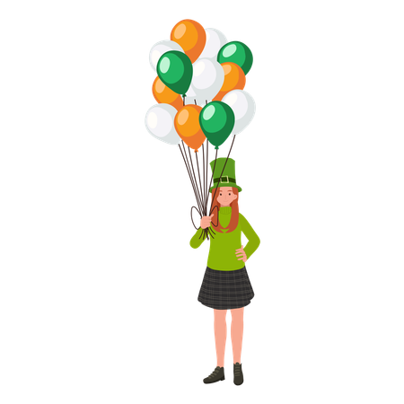 Mujer con globos en celebración irlandesa.  Ilustración