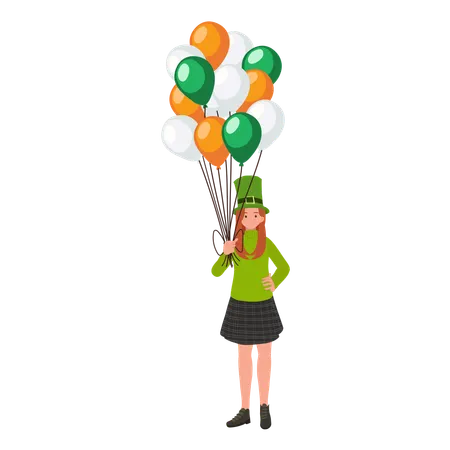 Mujer con globos en celebración irlandesa.  Ilustración