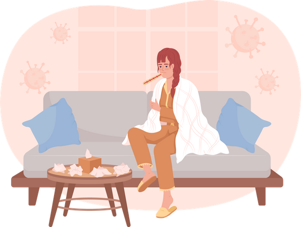 Mujer con gripe sentada en el sofá  Ilustración