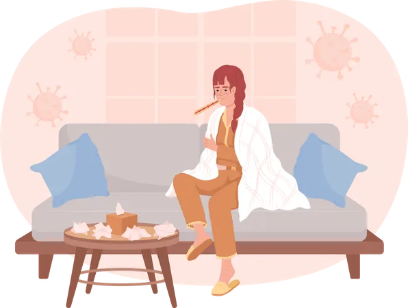 Mujer con gripe sentada en el sofá  Ilustración