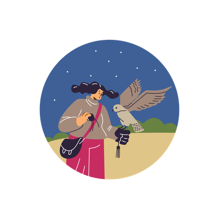 Mujer con guante de cetrería sosteniendo un halcón en un paisaje natural  Ilustración
