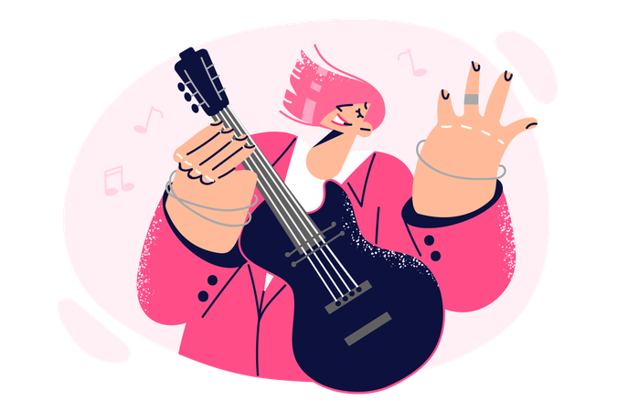 Mujer con guitarra actúa en un concierto de rock tocando composiciones propias  Ilustración