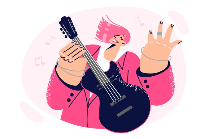 Mujer con guitarra actúa en un concierto de rock tocando composiciones propias  Ilustración