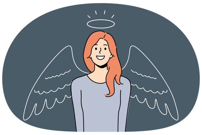 Mujer con halo y alas de ángel sonríe  Ilustración