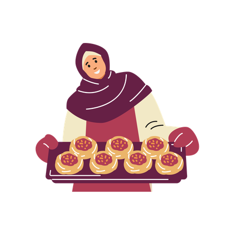 Mujer con hijab sosteniendo una bandeja para hornear con un pastel abierto  Illustration