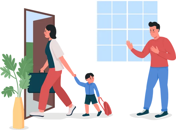 Mujer con niño saliendo de casa marido  Ilustración