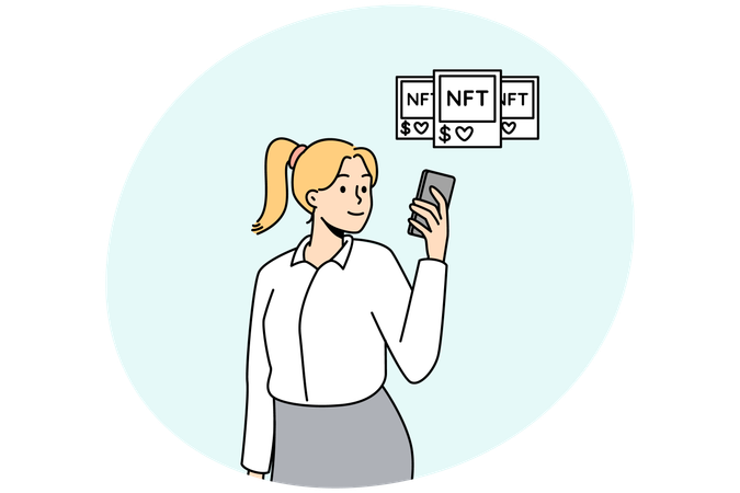 Mujer con imagen NFT y artículos tokenizados  Ilustración