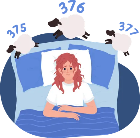 Mujer con insomnio en la cama  Ilustración