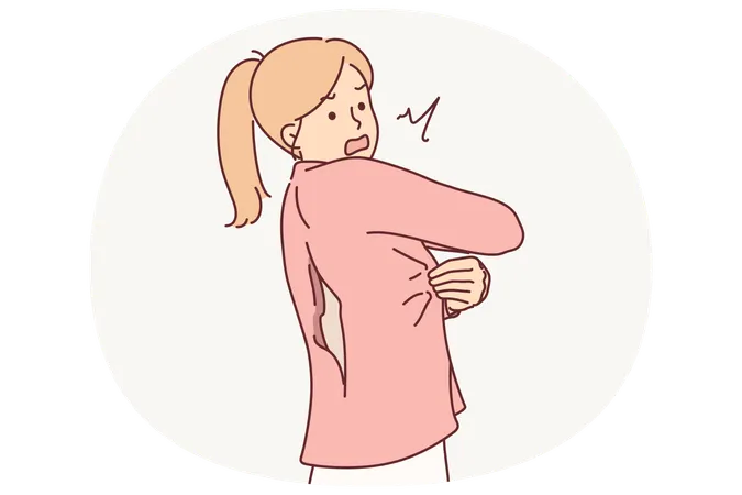Una mujer con la ropa rota por la espalda está nerviosa y necesita ayuda de un sastre debido a la mala calidad de los textiles.  Ilustración