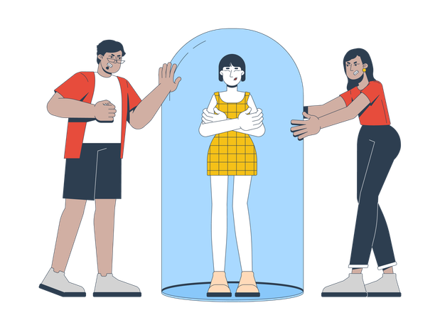 Mujer con los brazos cruzados de pie dentro de una cúpula mientras establece límites saludables.  Ilustración