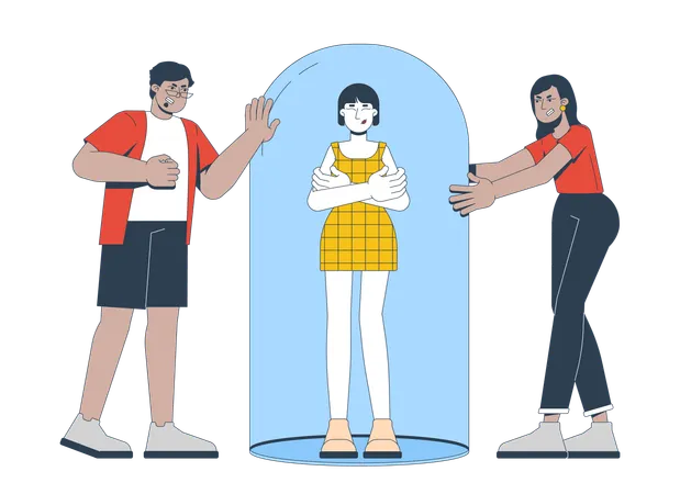Mujer con los brazos cruzados de pie dentro de una cúpula mientras establece límites saludables.  Ilustración
