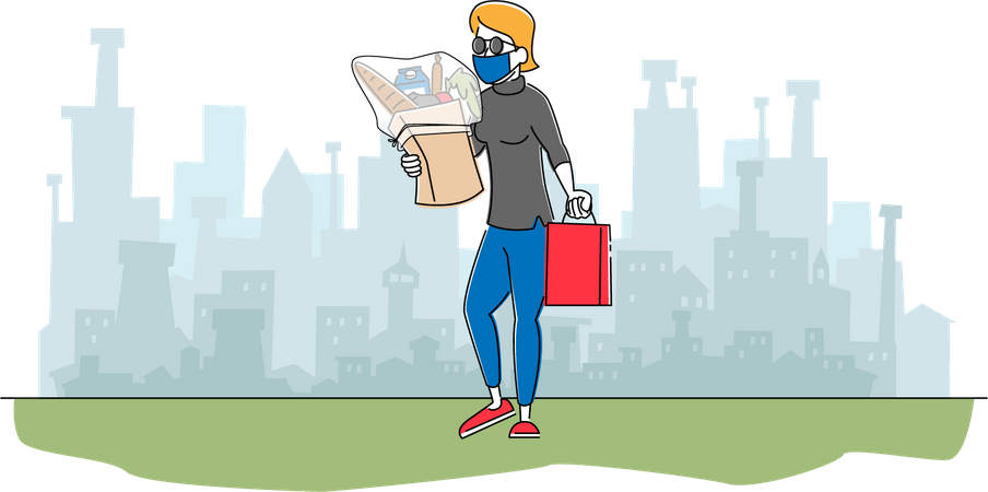 Mujer con máscara protectora caminando desde una tienda con productos comestibles en una bolsa de papel  Ilustración