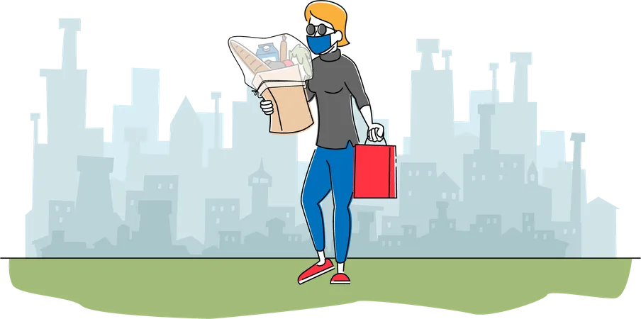 Mujer con máscara protectora caminando desde una tienda con productos comestibles en una bolsa de papel  Ilustración