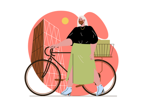 Mujer con mascarilla y caminando en bicicleta  Ilustración