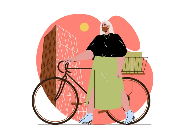 Mujer con mascarilla y caminando en bicicleta  Ilustración