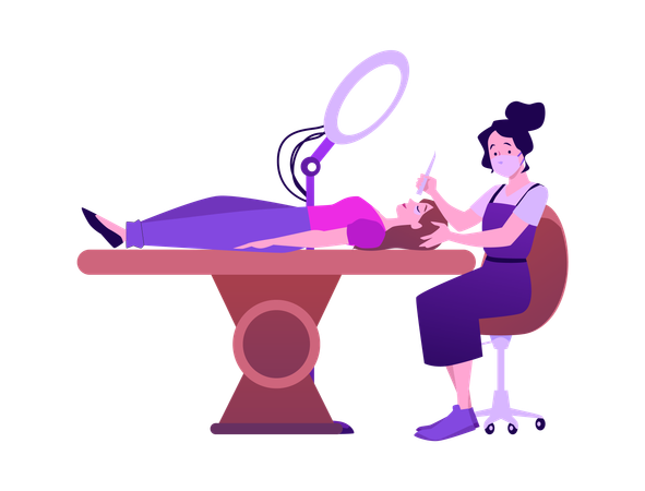 Mujer con mascarilla facial y delantal realizando un procedimiento de extensión de pestañas.  Ilustración