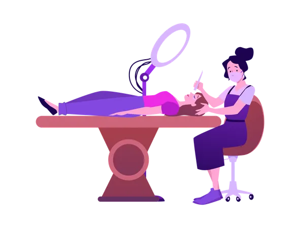 Mujer con mascarilla facial y delantal realizando un procedimiento de extensión de pestañas.  Ilustración