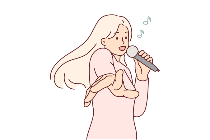 Mujer con micrófono canta en karaoke disfrutando de una buena fiesta musical y estirando las manos hacia la pantalla  Ilustración