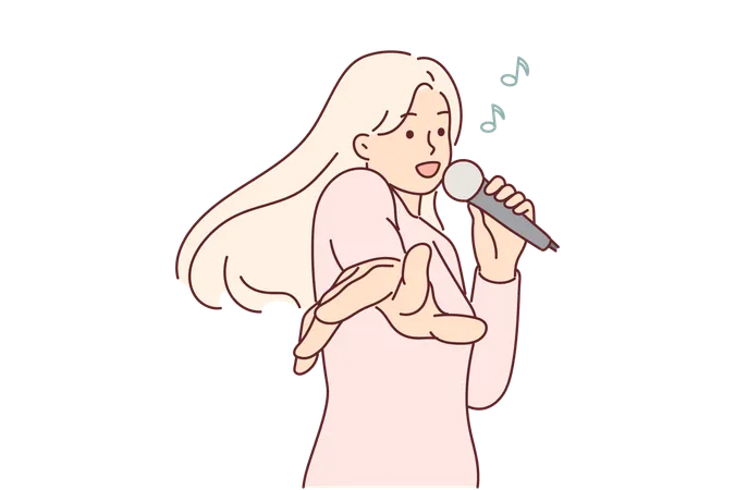 Mujer con micrófono canta en karaoke disfrutando de una buena fiesta musical y estirando las manos hacia la pantalla  Ilustración