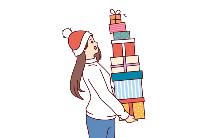 Mujer con montón de regalos de navidad  Ilustración