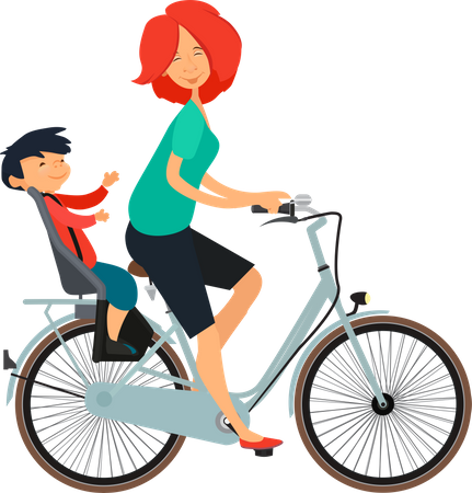 Mujer con niño montando en bicicleta  Ilustración