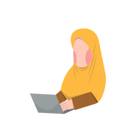 Mujer con niqab trabajando con una computadora portátil  Ilustración