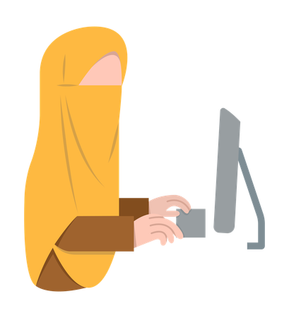 Mujer con niqab trabajando en la computadora  Ilustración