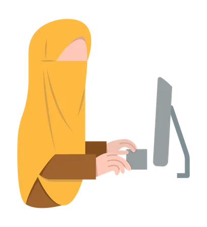 Mujer con niqab trabajando en la computadora  Ilustración