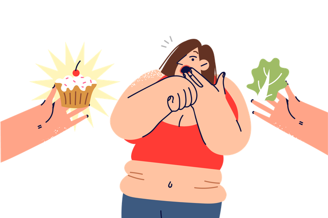 Una mujer con obesidad sufre un shock al elegir entre alimentos saludables y no saludables  Illustration