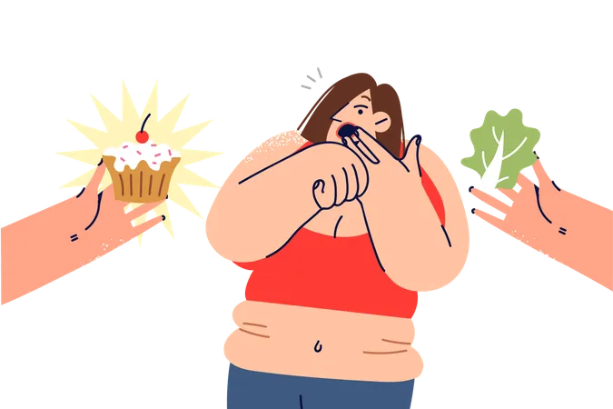 Una mujer con obesidad sufre un shock al elegir entre alimentos saludables y no saludables  Illustration