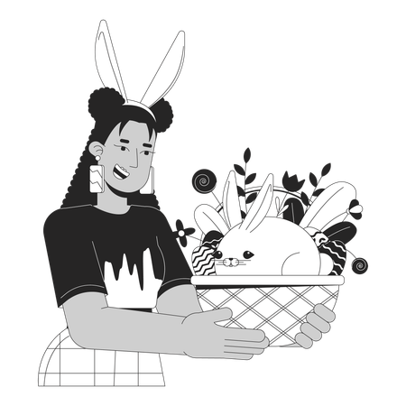 Mujer con orejas de conejo sosteniendo una canasta de conejito de Pascua  Ilustración