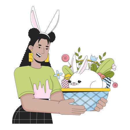Mujer con orejas de conejo sosteniendo una canasta de conejito de Pascua  Ilustración