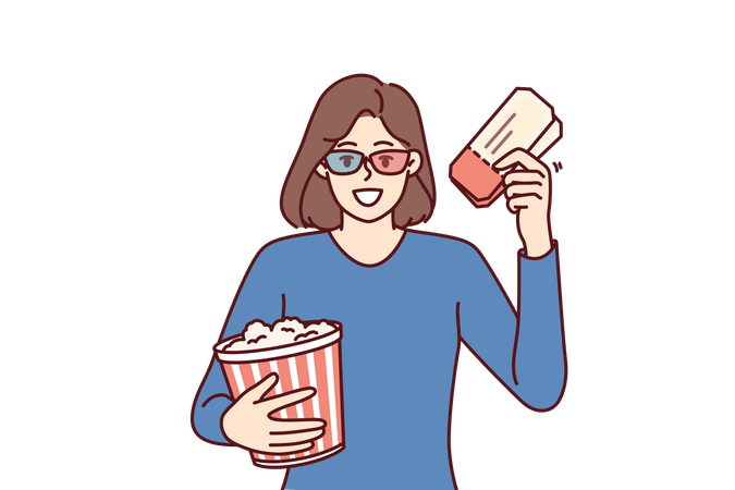 Mujer con palomitas y entradas para cine.  Ilustración