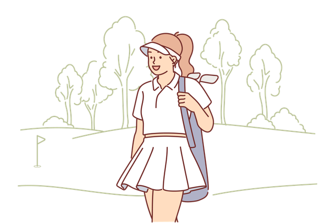 Mujer con palos de golf camina por la cancha  Ilustración